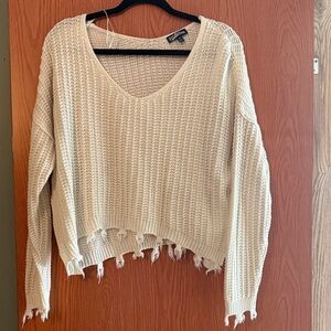 Freshman Cream V-Neck Distressed Sweater